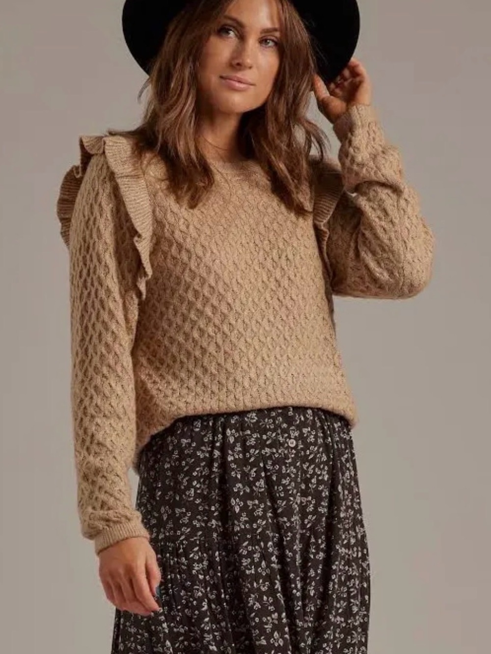 Rylee & Cru Ruffled Shoulder Cable-Knit Crew Sweater — Beige